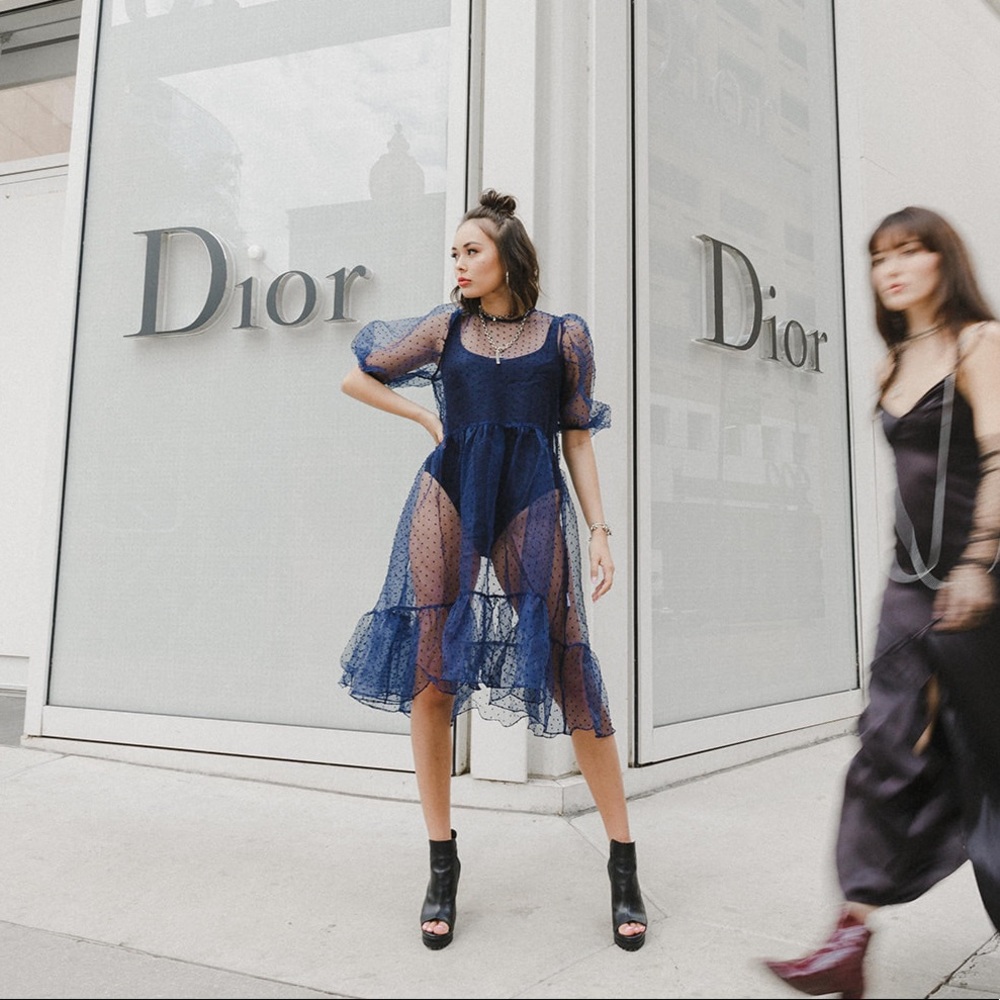SOLD Blue sheer tulle polka dress